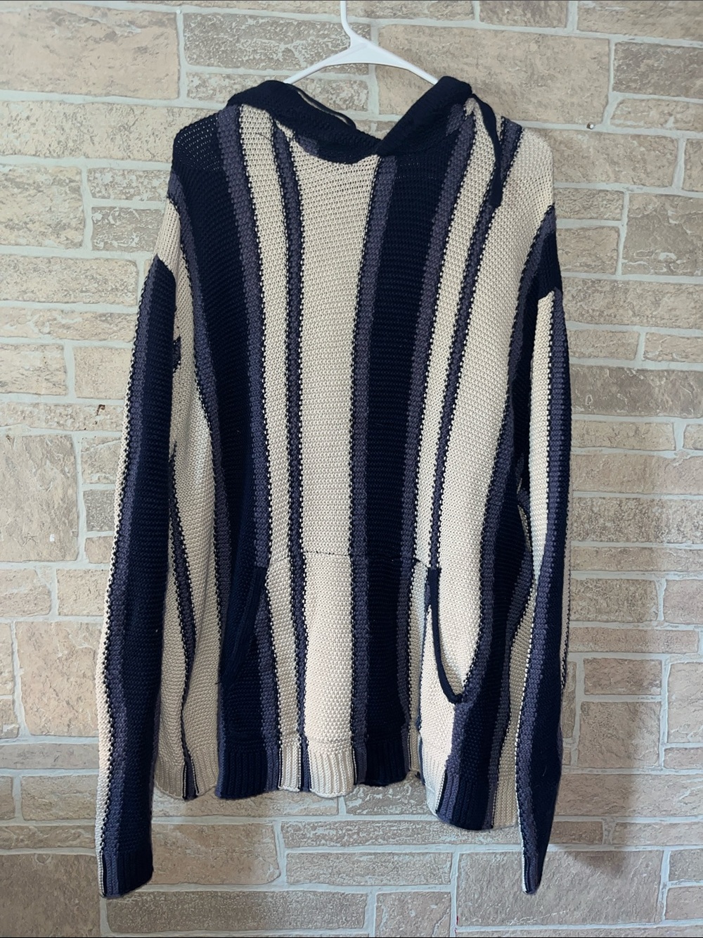 Lucky Brand Navy and Cream Striped Knit Hoodie